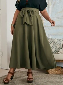 SHEIN Clasi Plus Solid Tie Front Skirt - Army Green - View 2