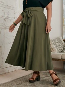SHEIN Clasi Plus Solid Tie Front Skirt - Army Green - View 1