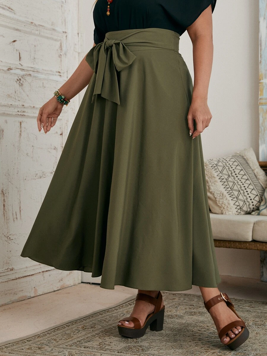 SHEIN Clasi Faldas Extra Grande Cremallera Liso Casual - Verde militar - Ver 1