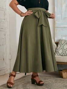 SHEIN Clasi Plus Solid Tie Front Skirt - Army Green - View 4