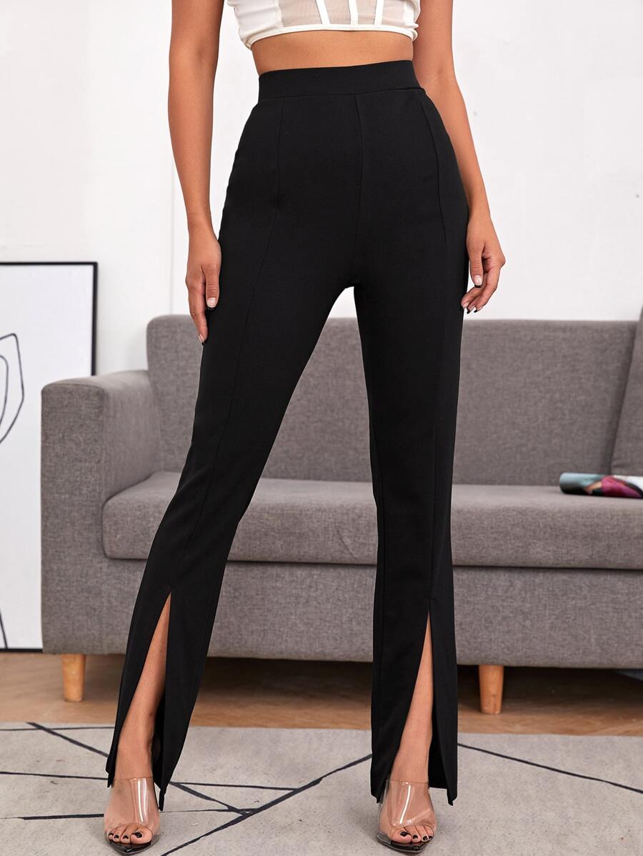 SHEIN BAE Slit Hem Solid Trousers - Black - View 1