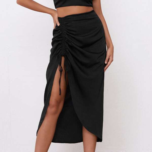 

Drawstring Split High Solid Skirt, Black