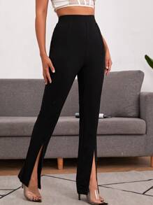 SHEIN BAE Slit Hem Solid Trousers - Black - View 5