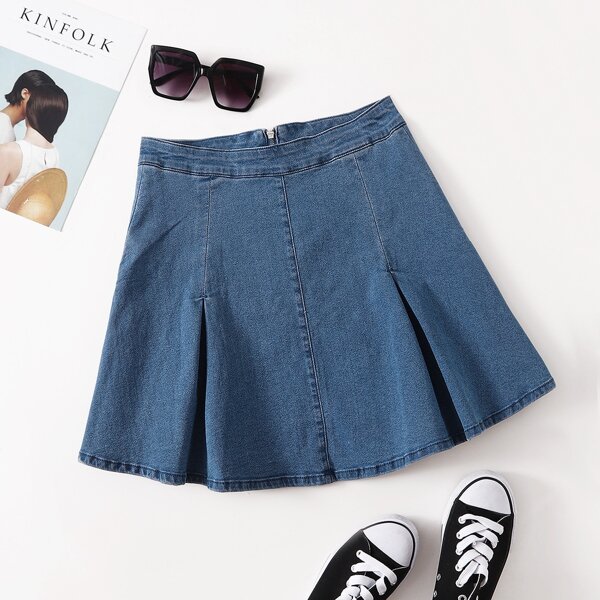 

Plus Solid Pleated Denim Skirt, Medium wash