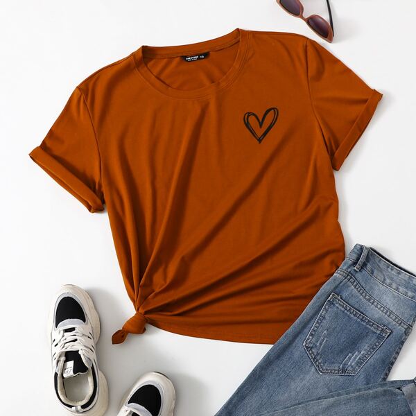 

Plus Heart Print Short Sleeve Tee, Burnt orange