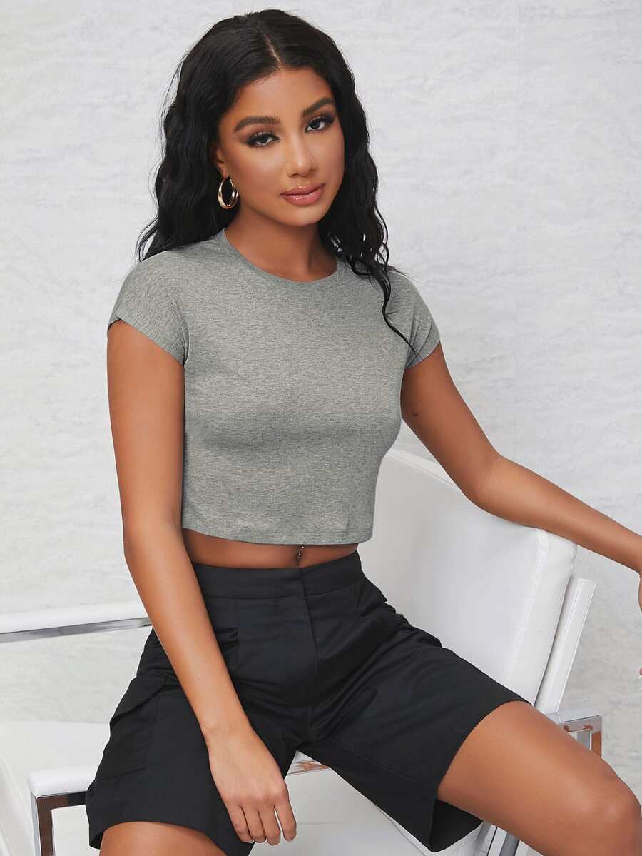 SHEIN EZwear 素色短版T恤 - 灰色 - 查看 1