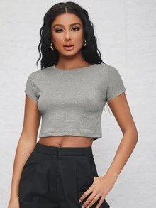 SHEIN EZwear 素色短版T恤 - 灰色 - 查看 4
