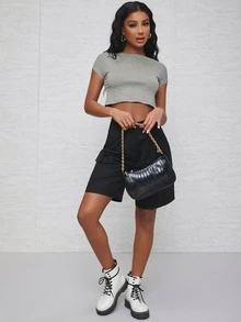 SHEIN EZwear 素色短版T恤 - 灰色 - 查看 5