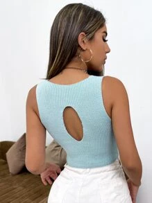 SHEIN ICON Cutout Back Split Hem Ribbed Knit Top - Mint Blue - View 2