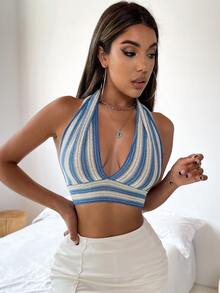 Knit ngọn Lộ Lưng Sọc Gợi cảm - Nhiều màu - Xem 4