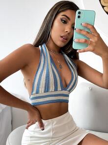 Knit ngọn Lộ Lưng Sọc Gợi cảm - Nhiều màu - Xem 5