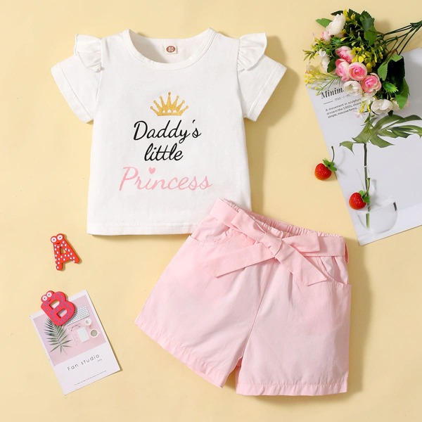 

Baby Girl Letter Graphic Tee With Belted Shorts, Multicolor