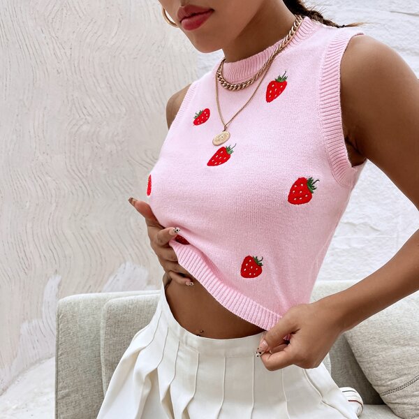 

Strawberry Embroidered Sweater Vest, Pastel baby pink