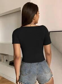 Chiquease Sweetheart Neck Rib-knit Tee - Black - View 2