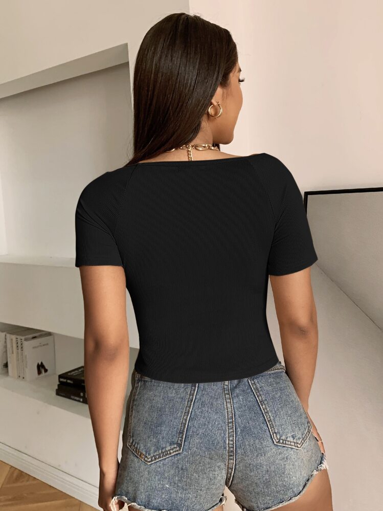Chiquease Camiseta tejida de canalé de cuello sweetheart - Negro - Añade 2
