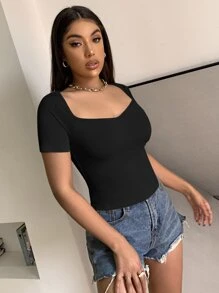 Chiquease Sweetheart Neck Rib-knit Tee - Black - View 3