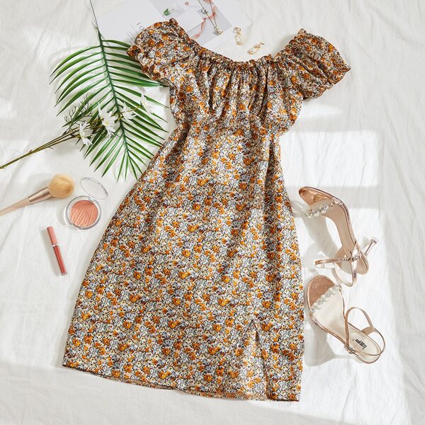 

Puff Sleeve Ruched Bust Frill Trim Ditsy Floral Dress, Multicolor