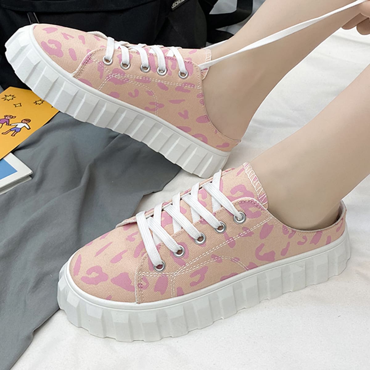 

Leopard Lace-up Canvas Sneakers, Pink