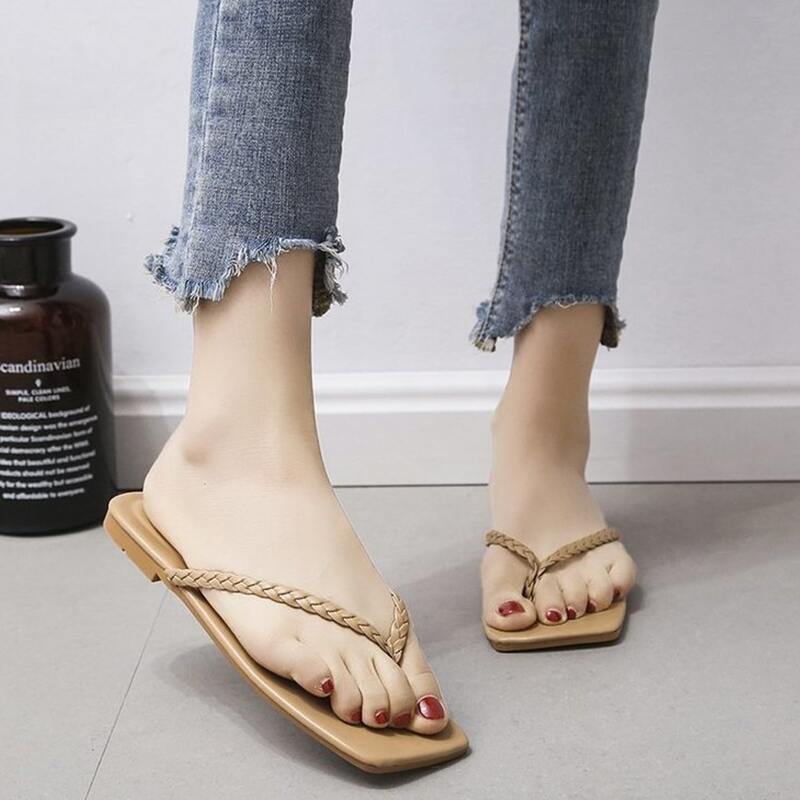 

Braided Strap Thong Sandals, Apricot