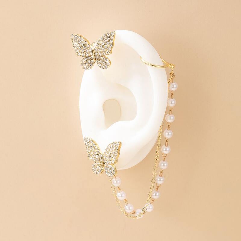 

2pc Butterfly Faux Pearl Ear Cuff & Stud, Gold