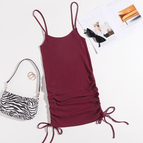 

Drawstring Side Rib-knit Dress, Maroon