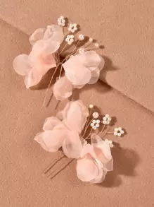 2件套女士橙色布艺花朵和仿珍珠发夹，婚礼派对配饰，伴娘礼物，发饰，头饰 - 粉色 - 查看 1