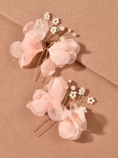 2件套女士橙色布艺花朵和仿珍珠发夹，婚礼派对配饰，伴娘礼物，发饰，头饰