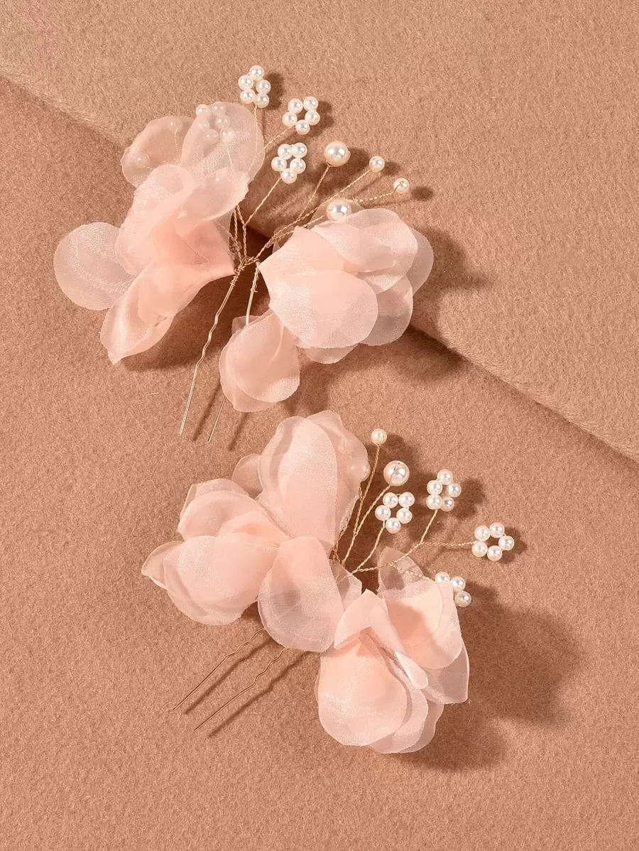 2件套女士橙色布艺花朵和仿珍珠发夹，婚礼派对配饰，伴娘礼物，发饰，头饰 - 粉色 - 查看 1