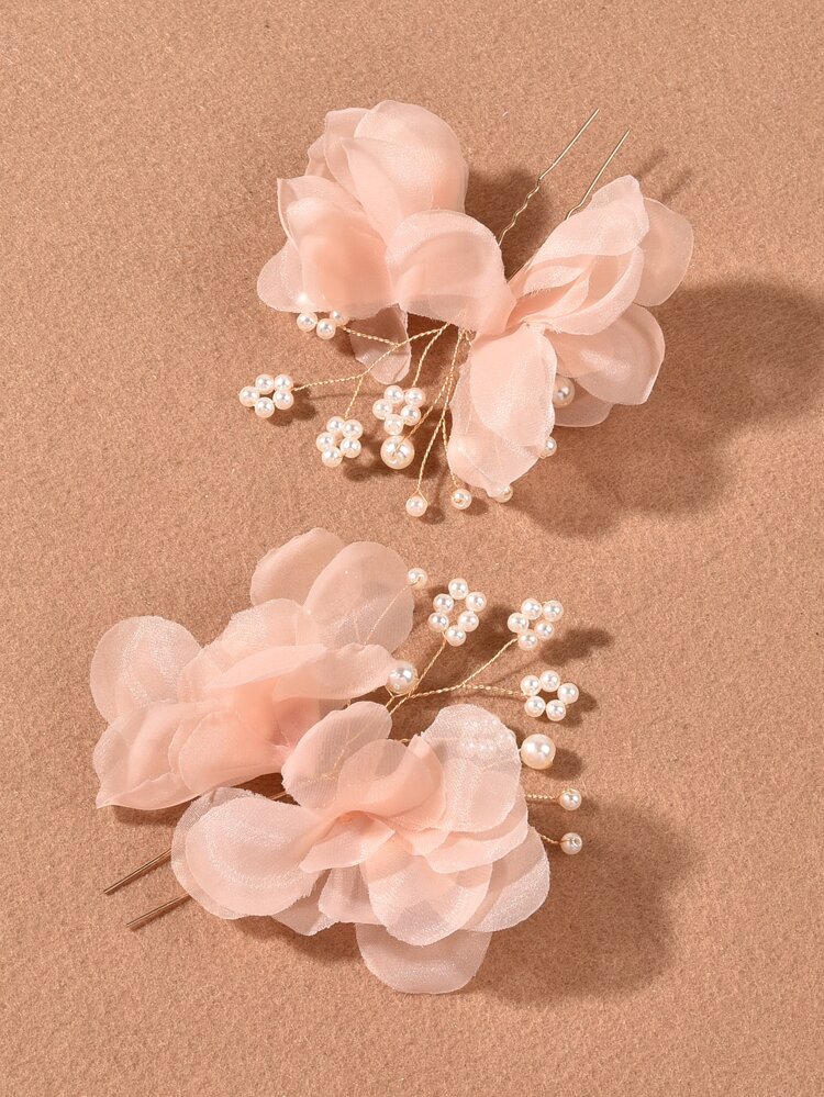 2pcs/Set Women Orange Fabric Flower & Faux Pearl Hair Clips, Wedding Party Accessories, Bridesmaids Gifts, Hair Accessories, Head Accessories, Bridal Hair Accessory, Mother's Day