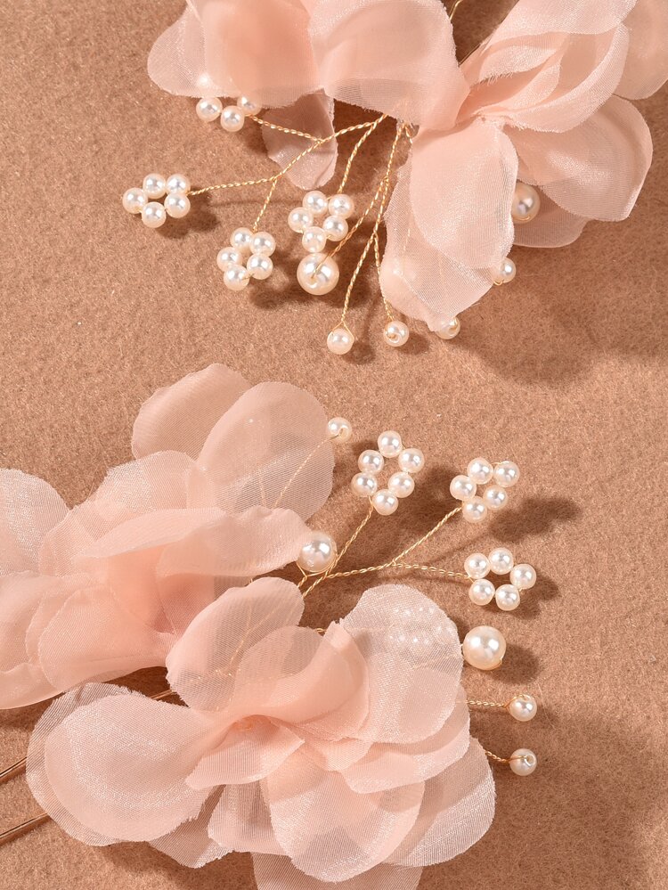 2pcs/Set Women Orange Fabric Flower & Faux Pearl Hair Clips, Wedding Party Accessories, Bridesmaids Gifts, Hair Accessories, Head Accessories, Bridal Hair Accessory, Mother's Day