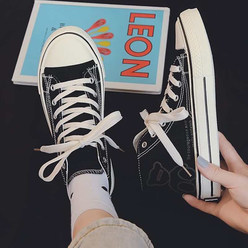 

Cartoon Bear Lace-up High Top Canvas Sneakers, Black