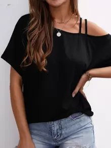 Áo thun Cắt ra màu trơn Giải trí - màu đen - Xem 1