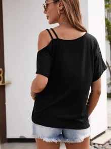 Áo thun Cắt ra màu trơn Giải trí - màu đen - Xem 2