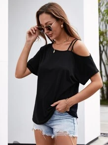 Áo thun Cắt ra màu trơn Giải trí - màu đen - Xem 3