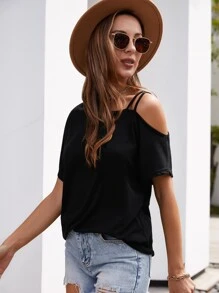 Áo thun Cắt ra màu trơn Giải trí - màu đen - Xem 5