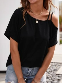 Áo thun Cắt ra màu trơn Giải trí - màu đen - Xem 6