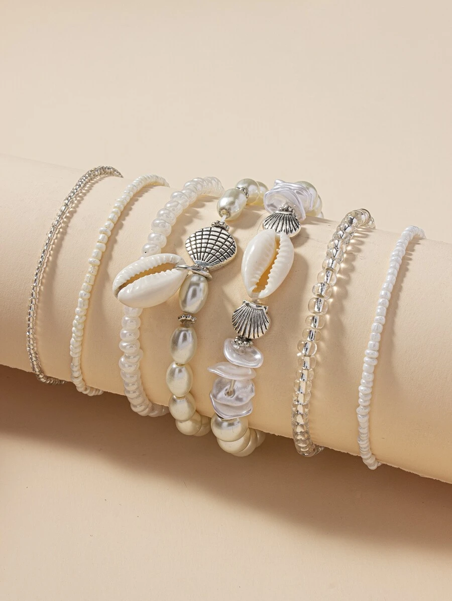 7入組人造珍珠裝飾手鐲 - 米色 - 查看 1