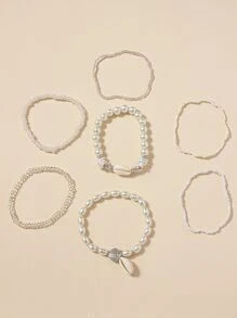 7入組人造珍珠裝飾手鐲 - 米色 - 查看 2