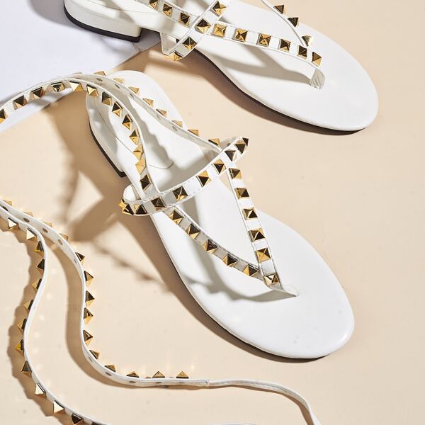 

Studded Decor Tie Leg Thong Sandals, White