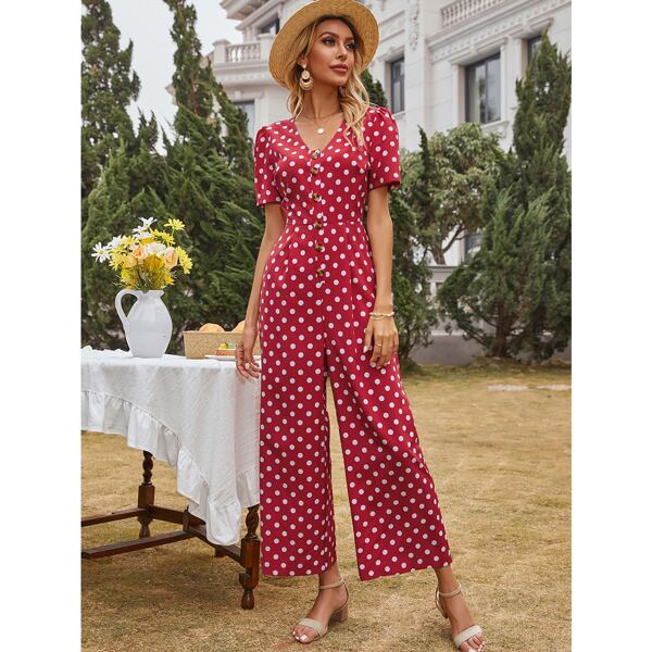 

Polka Dot Puff Sleeve Button Front Culotte Jumpsuit, Burgundy