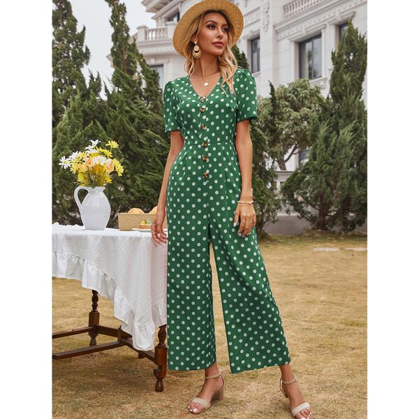 

Polka Dot Button Front Jumpsuit, Green