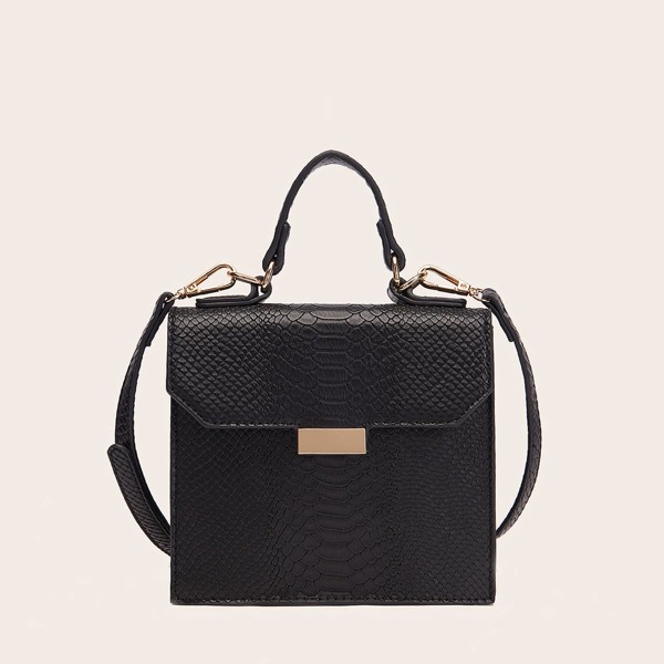 

Minimalist Snake Embossed Satchel Bag, Black