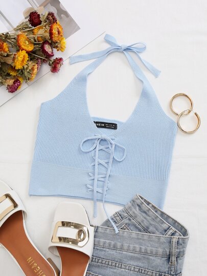 Lace Up Front Ribbed Knit Halter Top