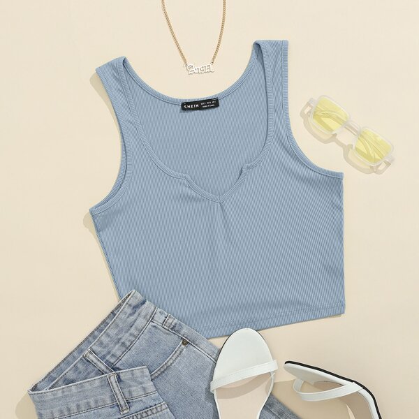 

Notched Neck Rib-knit Tank Top, Dusty blue