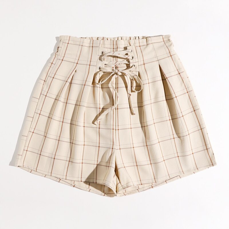 

Plaid Lace Up Shorts, Beige