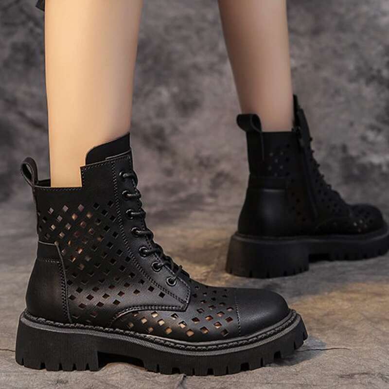 

Hollow Out Lace-up Combat Boots, Black