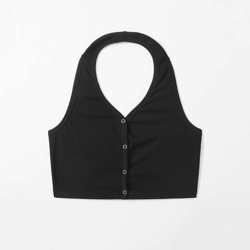 

Solid Button Front Halter Top, Black