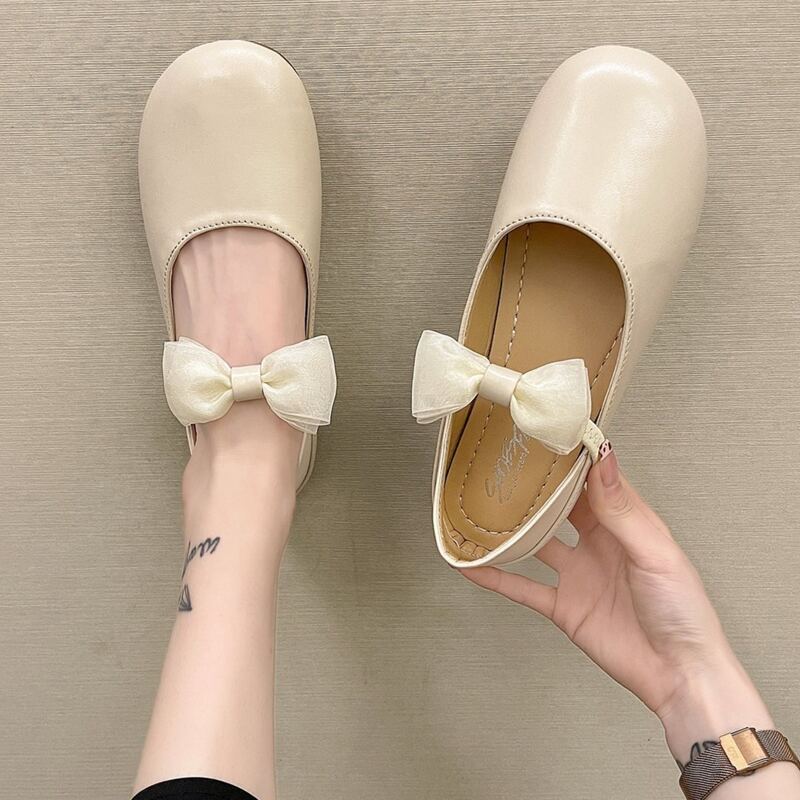 

Bow Strap Round Toe Flats, Beige