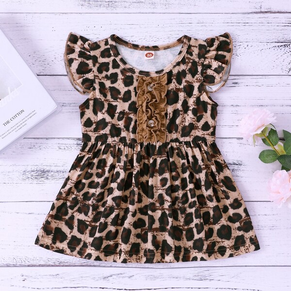 

Baby Girl Leopard Print Ruffle Trim Smock Dress, Multicolor