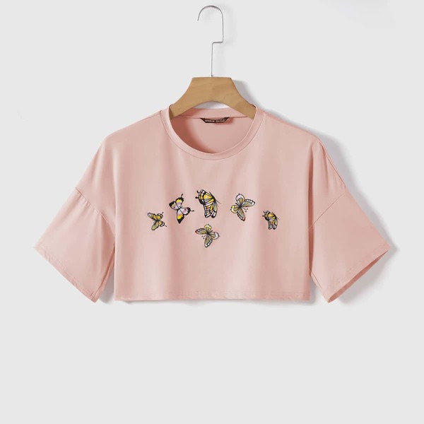 

Drop Shoulder Butterfly Print Crop Tee, Baby pink